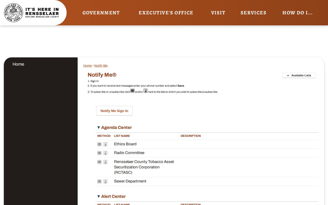 Rensselaer County public-safety notification interface, not a warrant record search